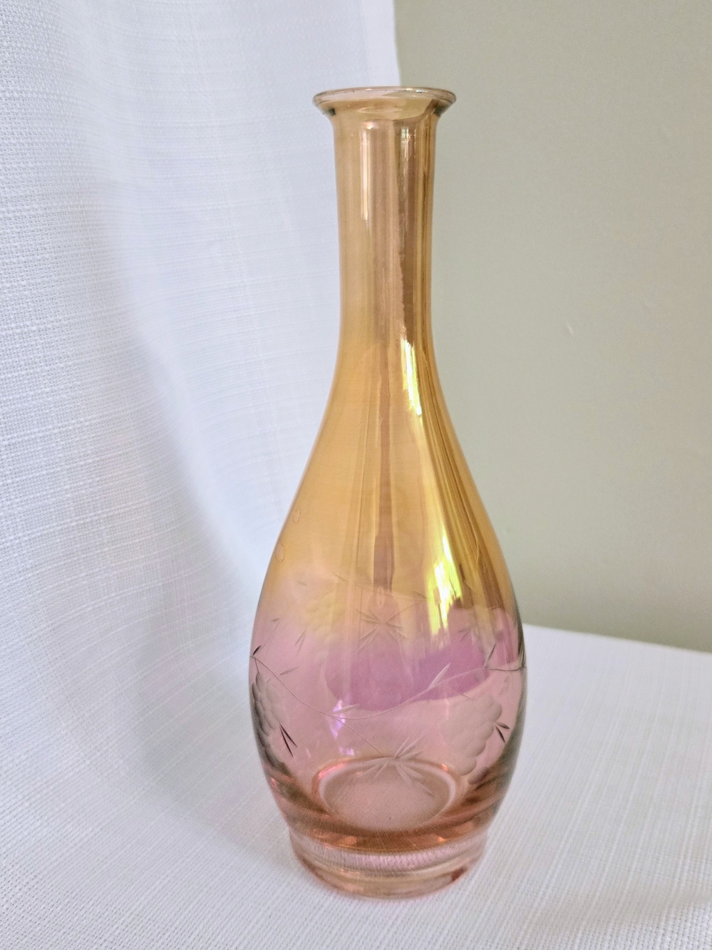 Vtg Cranberry Amber Ombre Vase Cut To Clear Etch 11.25" Bottle Shape